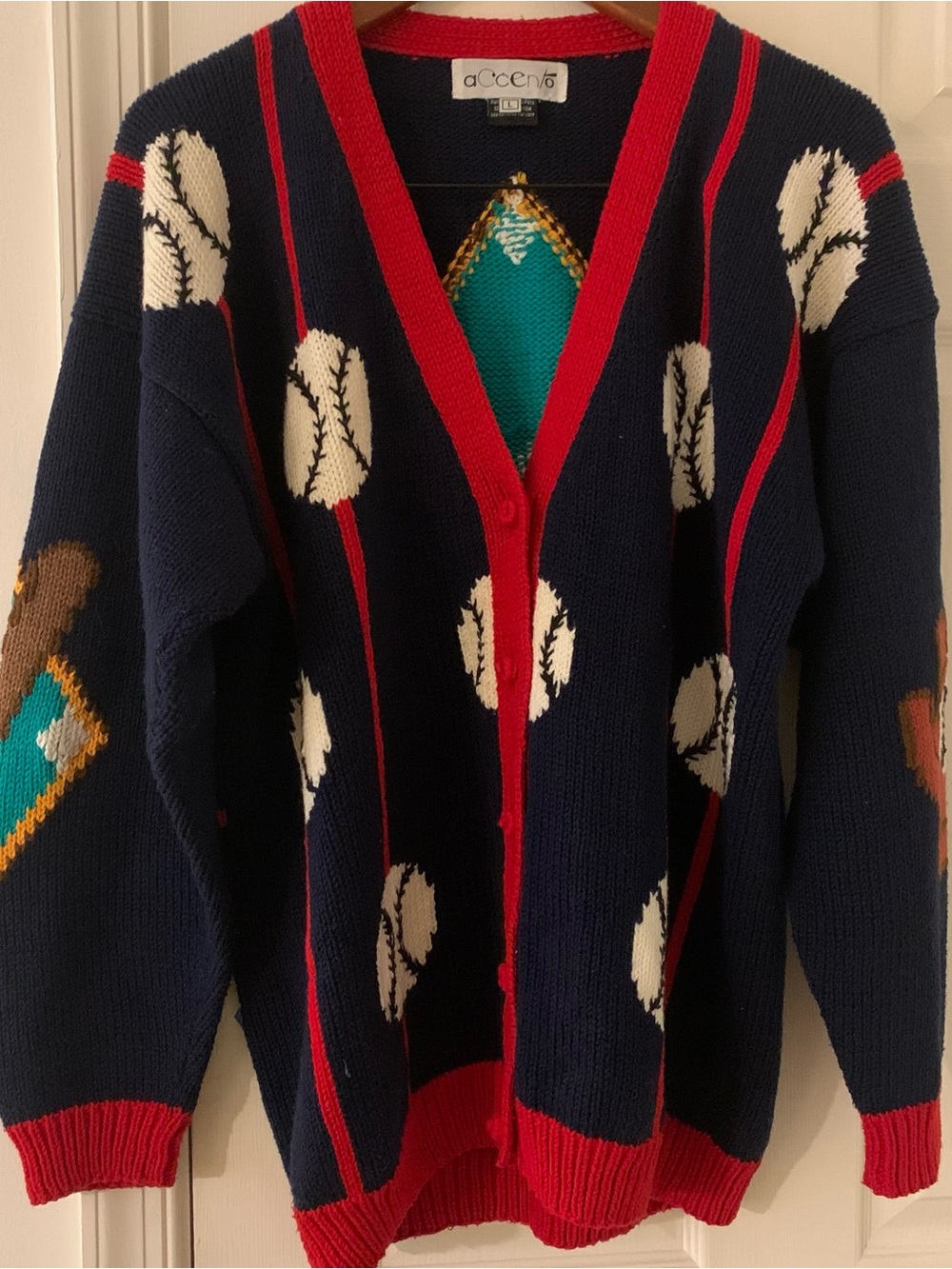 Vintage hand knit cardigan ugly sweater funky teacher baseball